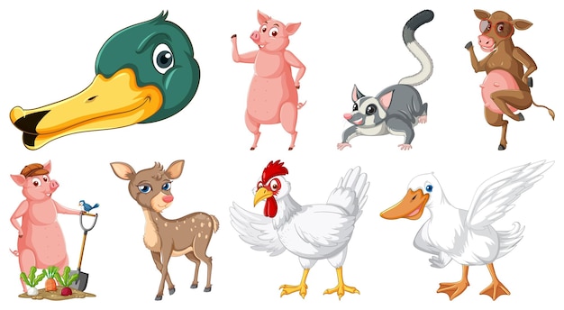 Bezpłatny wektor zestaw różnych postaci z kreskówek zwierząt
