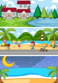 Zestaw różnych poziomych scen tła z postacią z kreskówek dla dzieci doodle