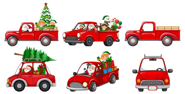 Zestaw różnych świątecznych samochodów i postaci Świętego Mikołaja