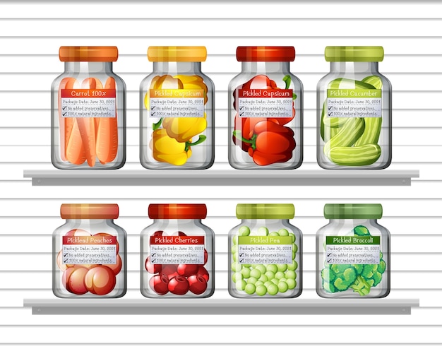Bezpłatny wektor zestaw różnych warzyw w różnych słoikach i konserwach na półkach ściennych