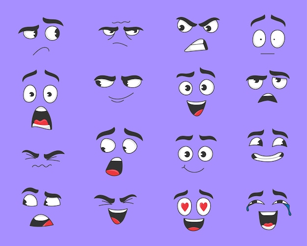 Zestaw różnych wyrażeń kreskówka twarz ilustracje wektorowe. Słodkie, zabawne, wściekłe, szczęśliwe, uśmiechnięte twarze komiksowe z oczami i ustami na fioletowym tle. Koncepcja emocji do projektowania postaci