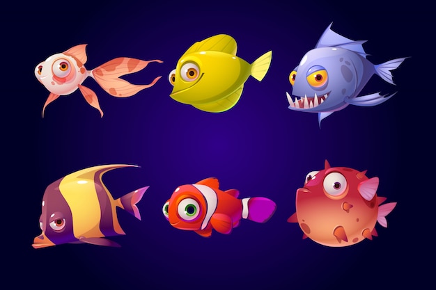 Bezpłatny wektor zestaw ryb morskich, tropikalnych kolorowych stworzeń akwariowych