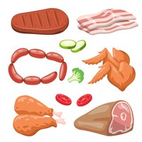 Zestaw składnik zwierząt do gotowania posiłku z golonką wieprzową kiełbasą kurczak podudzie becon i warzywami rysunek styl na białym tle ilustracji wektorowych