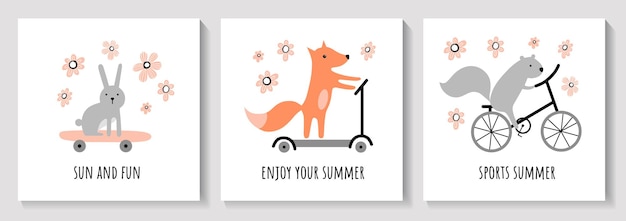 Zestaw ślicznych kartek na lato śliczny królik wiewiórka lisek rower hulajnoga deskorolka summer.
