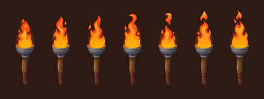 Bezpłatny wektor zestaw średniowiecznych pochodni duszków z animacją sekwencji ognia. starożytne drewniane marki z płomieniem. elementy kreskówek do gry na pc, płonąca pochodnia lub oświetlenie flambeau na białym tle ikon wektorowych