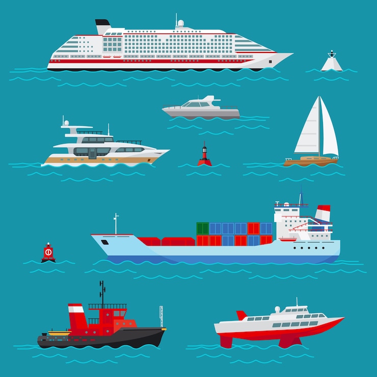 Bezpłatny plik Wektor zestaw statków morskich. transport morski, transport oceaniczny, dostawa i wysyłka, boja i łódź, statek wycieczkowy i holowanie