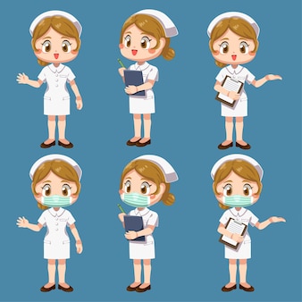 Zestaw szczęśliwą kobietą w mundurze pielęgniarki z różnymi działającymi w postać z kreskówki, na białym tle płaska ilustracja