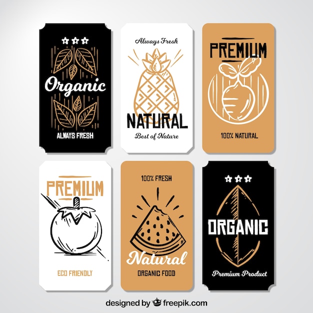 Bezpłatny wektor zestaw sześciu organicznych etykiet żywności