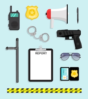 Zestaw tradycyjnych przedmiotów policyjnych. kreskówka stylizowane puste na nakaz aresztowania okulary przeciwsłoneczne z paralizatorem i odznakę policyjną. ilustracja wektorowa