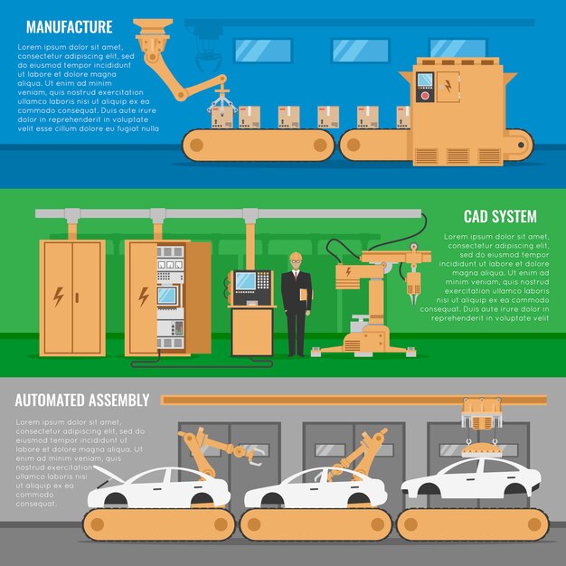 Bezpłatny wektor zestaw trzech poziomych banerów zautomatyzowanego montażu z opisami systemu cad produkcji i ilustracją wektorową automatycznego montażu