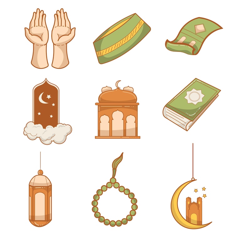 Bezpłatny plik Wektor zestaw uroczych doodle ilustracji ramadan kareem eid alfitr elementy drukuj