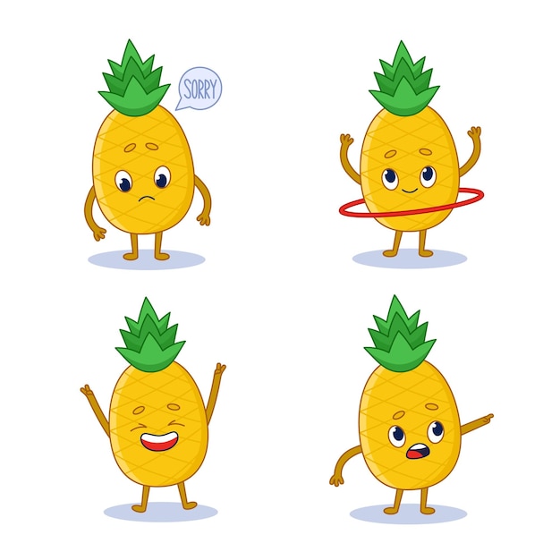 Bezpłatny wektor zestaw uroczych, ręcznie rysowanych postaci ananasa, które czują się przykro, wirując hula-hoop, śmiejąc się pokazując kierunek
