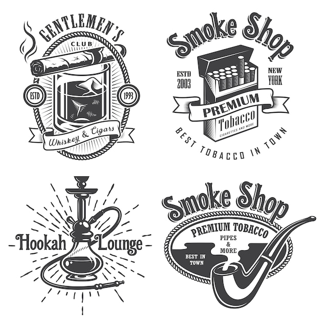 Zestaw vintage herby palenia tytoniu, etykiety. odznaki i logo. Styl monochromatyczny. Na białym tle