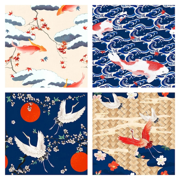 Bezpłatny wektor zestaw vintage japońskich wzorów, remiks dzieł sztuki autorstwa watanabe seitei i katsushika hokusai