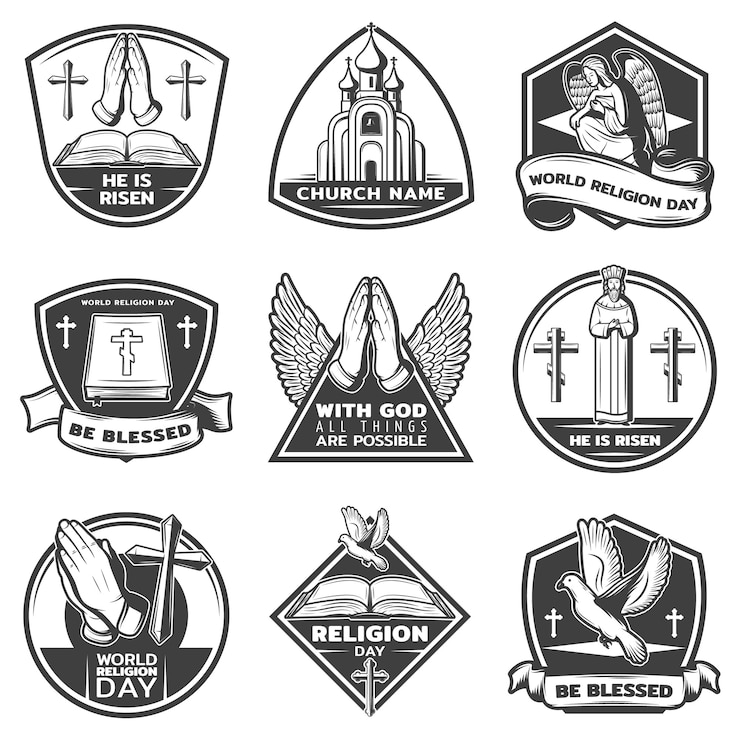 Bezpłatny plik Wektor zestaw vintage monochromatyczne etykiety religijne
