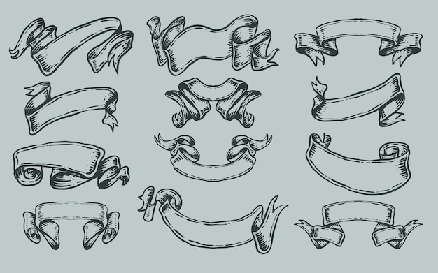 Zestaw vintage ręcznie rysowane wstążki