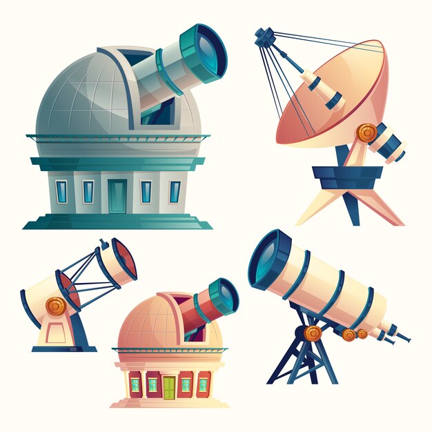 Zestaw wyposażony w astronomiczne teleskopy, obserwatoria, planetarium, antenę satelitarną.