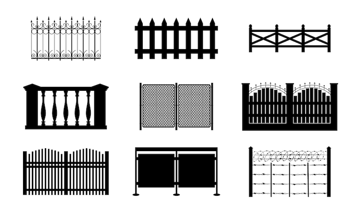 Bezpłatny plik Wektor zestaw z izolowanymi monochromatycznymi ikonami płaskich segmentów ogrodzenia z ozdobnymi kształtami postów na ilustracji wektorowych puste tło