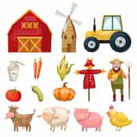 Bezpłatny wektor zestaw z mnóstwem kolorowych izolowanych symboli farmy, budynków, postaci zwierząt, naturalnej żywności i organicznych warzyw
