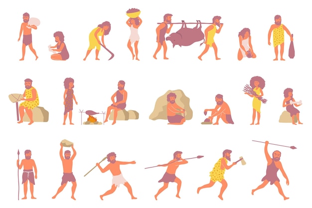 Zestaw z odizolowanymi prymitywnymi ludźmi płaskie ikony z mężczyznami i kobietami w starożytnych strojach z narzędziami ilustracji wektorowych