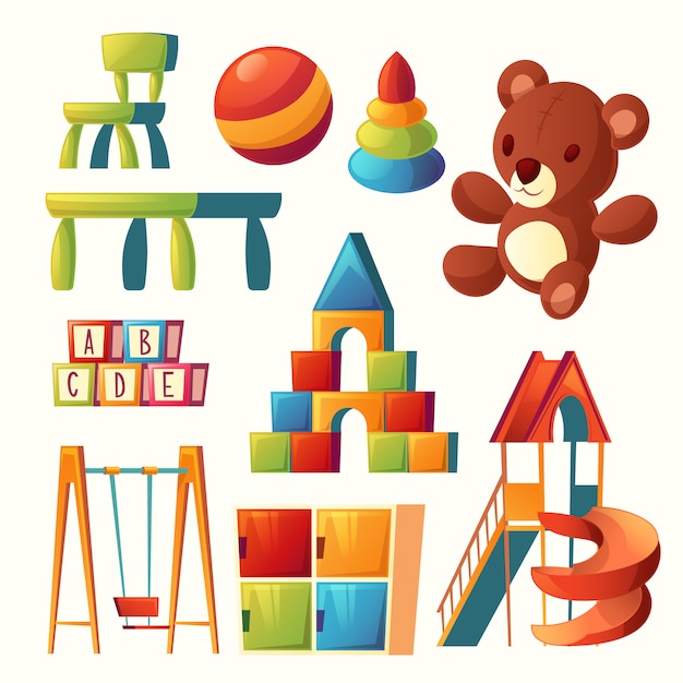 Bezpłatny wektor zestaw zabawek z kreskówek dla dzieci plac zabaw, przedszkole.