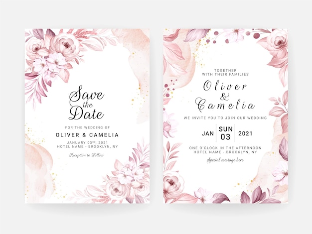Zestaw zaproszenia ślubnego z pięknymi miękkimi kremowymi kwiatami i liśćmi