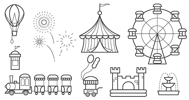 Zestaw zarysów parku rozrywki diabelski młyn przejażdżki cyrkowe balon dmuchany zamek pociąg fajerwerki fontanna