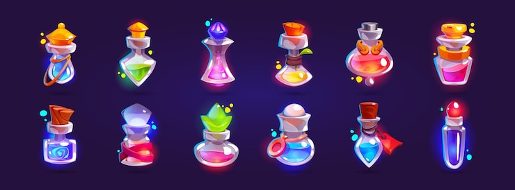 Bezpłatny plik Wektor zestaw zasobów gry: szklane butelki z magiczną miksturą i eliksirem ilustracja wektora kreskówek kolb ze świecącymi neonowymi zaklęciami przezroczyste fiolki czarodzieja lub alchemika z trucizną i antidotum