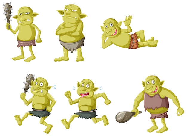 Bezpłatny wektor zestaw zielony goblin lub troll w różnych pozach w postać z kreskówki na białym tle