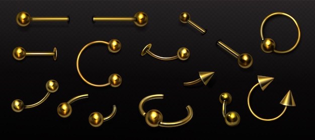 Bezpłatny wektor zestaw złoty piercing biżuteria metalowe pierścienie kolczyk sztanga z kulkami i stożkami