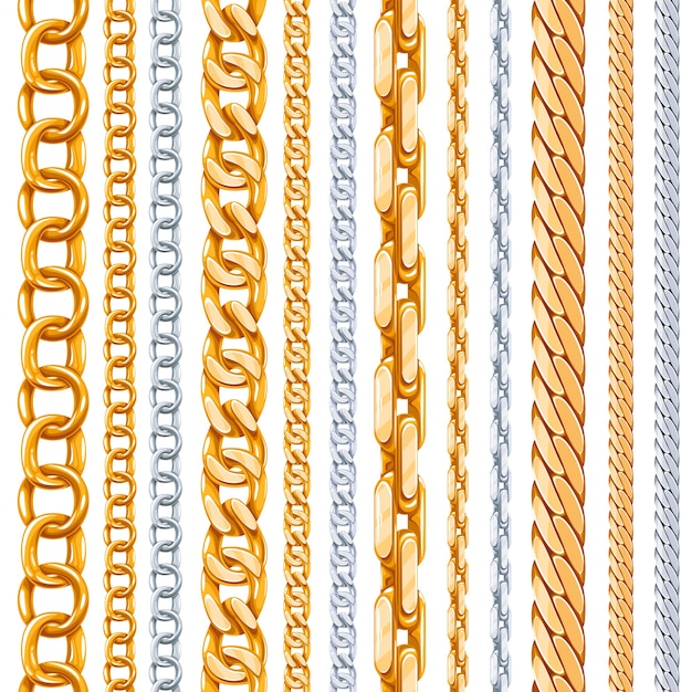 Zestaw złotych i srebrnych łańcuszków. Łącznik metaliczny, błyszczący element, przedmiot żelazny mocny