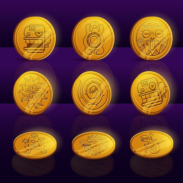 Bezpłatny wektor zestaw złotych monet z majami lub aztekami