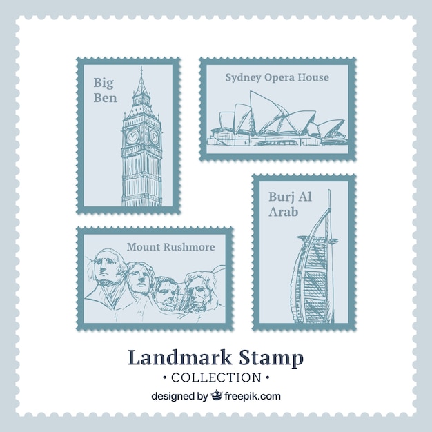 Bezpłatny wektor zestaw znaczków landmark w stylu wyciągnąć rękę