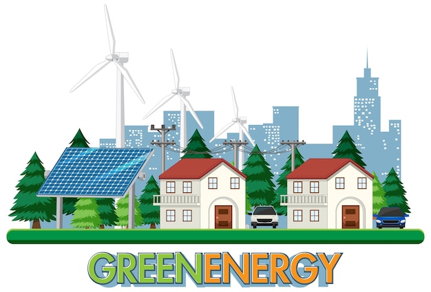 Zielona Energia Generowana Przez Turbinę Wiatrową I Panel Słoneczny Premium Wektorów
