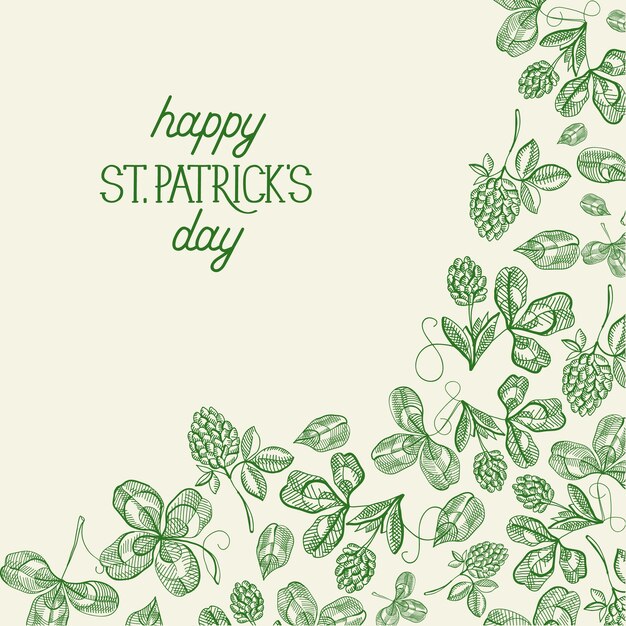 Zielony St Patricks Day botaniczny kartkę z życzeniami z napisem i ręcznie rysowane ilustracji wektorowych koniczyny irlandzkiej