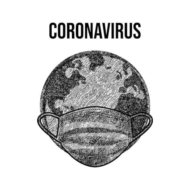 Ziemia nosi maskę, aby zapobiec rozprzestrzenianiu się wirusa Planeta Ziemia z maską na twarz, aby walczyć z ręcznie rysowaną ilustracją wektorową wirusa Corona