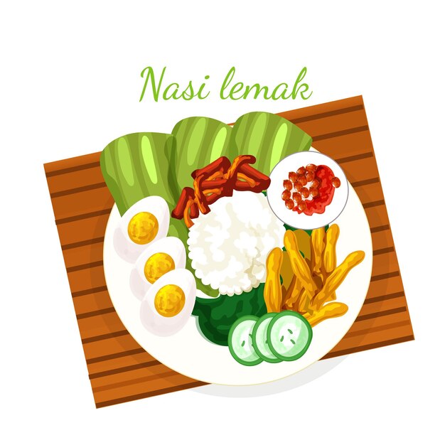 Zilustrowane szczegółowe jedzenie nasi lemak