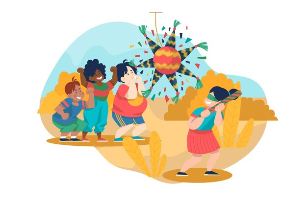Zilustrowano dzieci bawiące się podczas świętowania posadas