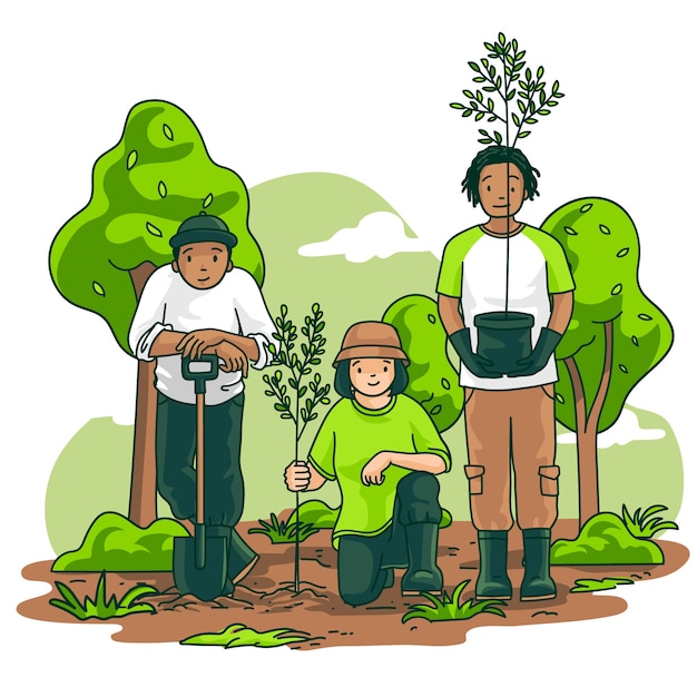 Bezpłatny wektor zilustrowano ręcznie rysowane ludzi sadzących drzewo