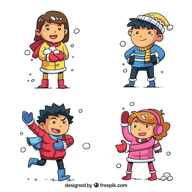 Zimowa Kolekcja Dzieci Bawiących Się śnieżkami