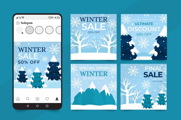 Bezpłatny wektor zimowa wyprzedaż instagram kolekcja postów