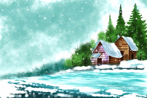 Bezpłatny wektor zimowe tło śniegu i domu choinki projekt krajobrazu karty