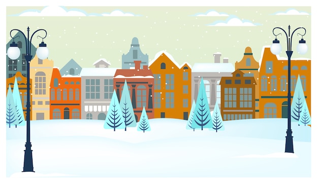 Bezpłatny wektor zimowy krajobraz z domkami, drzewami i latarniami ulicznymi