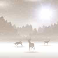 Bezpłatny wektor zimowy krajobraz z jelenie