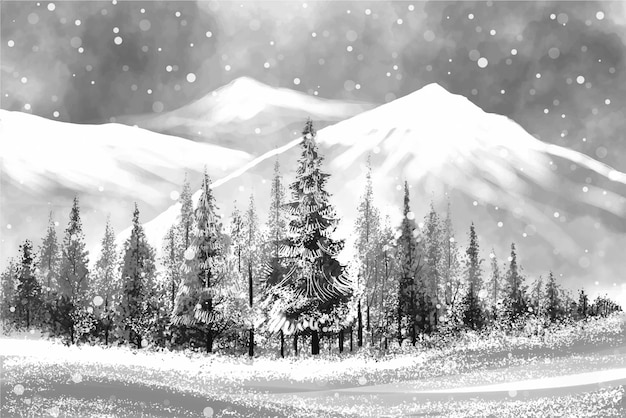 Bezpłatny wektor zimowy krajobraz ze spadającymi świątecznymi śniegami i tłem świątecznych drzew