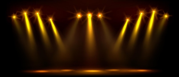 Bezpłatny wektor złota abstrakcyjna scena z reflektorem do imprezy złoty luksusowy szablon projektowania sceny premium broadway tło lub eleganckie studio dyskotekowe kino z wiązką światła lub baner koncertowy z królewską flarą