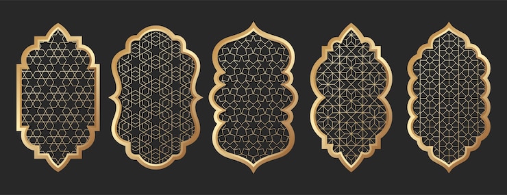 Bezpłatny plik Wektor złote islamskie okna kształtują złote ramy z tradycyjnymi arabskimi ozdobami łuki meczetów ramadan