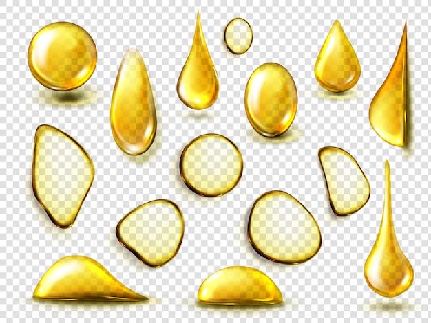 Złote krople i plamy oleju lub miodu na przezroczystym tle. realistyczna makieta płynnego złota kapie organicznego oleju kosmetycznego lub spożywczego, widok z góry jasnych żółtych kałuż