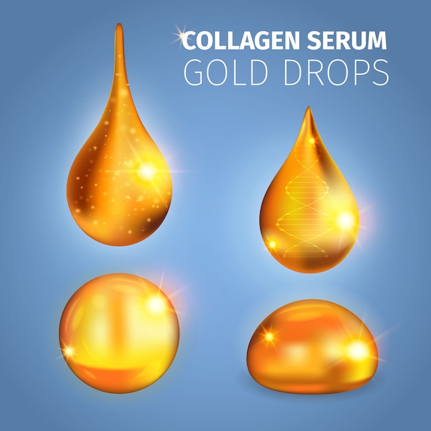 Złote krople serum kolagenowego z błyszczącymi powierzchniowymi drobinkami światła helisy dna ilustracji wektorowych