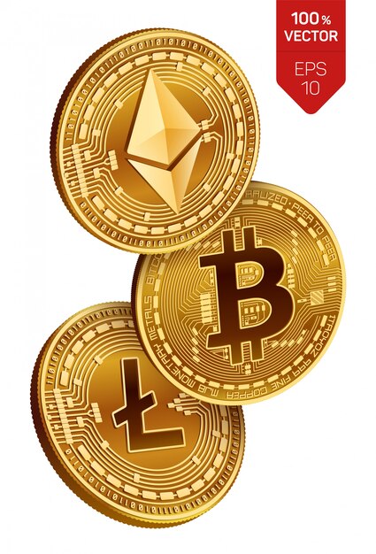 Złote monety kryptowaluty z bitcoin, litecoin i ethereum symbol na białym tle.